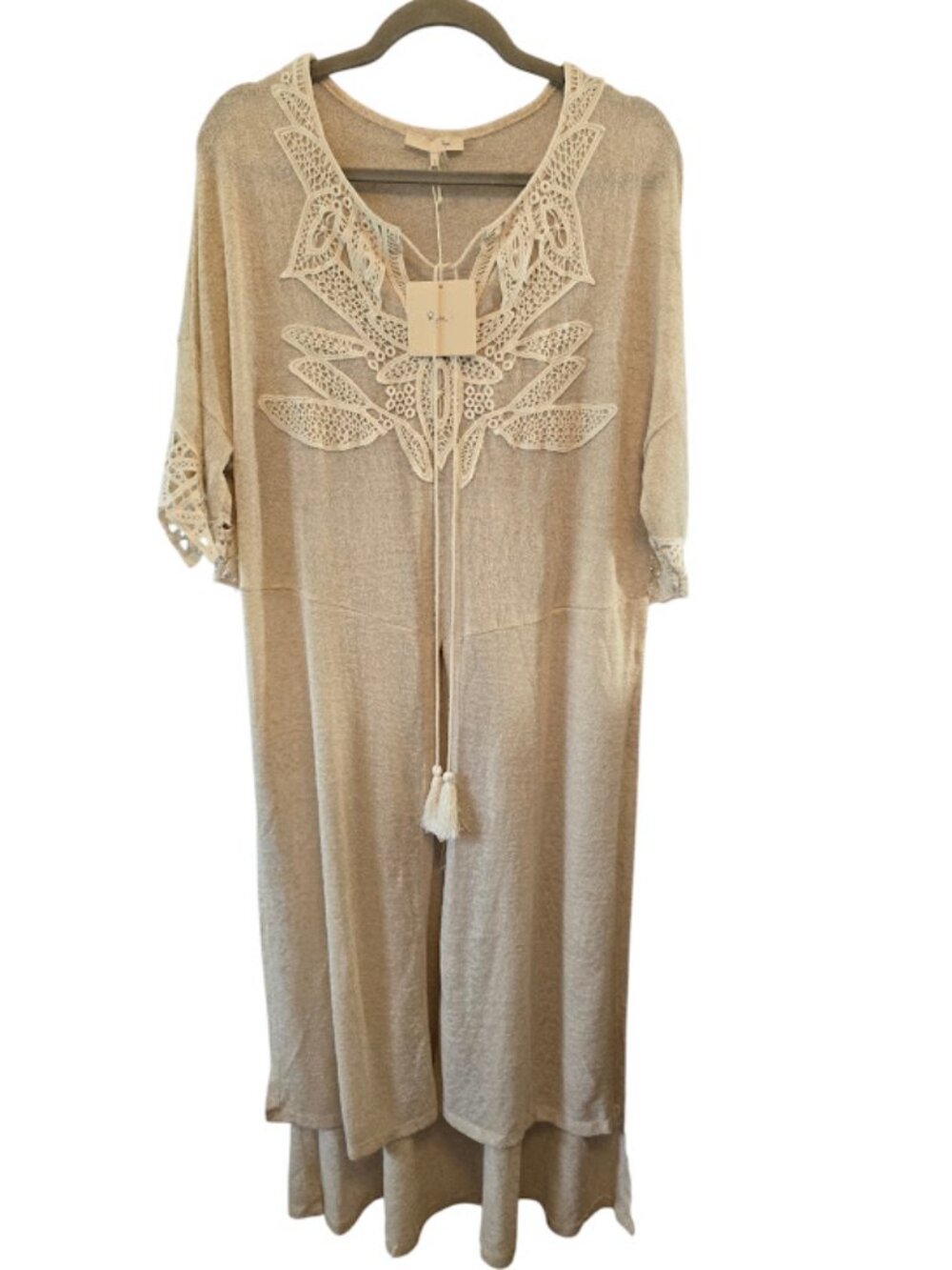 LINEN BLEND KNIT CARDIGAN RYU LONG MAXI LENGTH CROCHET LACE DETAIL NWT LARGE